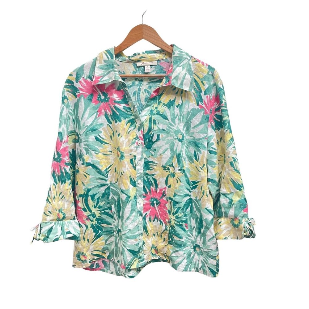 JM Collection button down 100% Linen Tropical Floral 3/4 Sleeve Shirt size 18